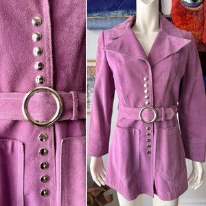 Vintage LILAC PINK SUEDE Jacket Coat 1960s 1970s GASSY JACK Silver Snaps Leather